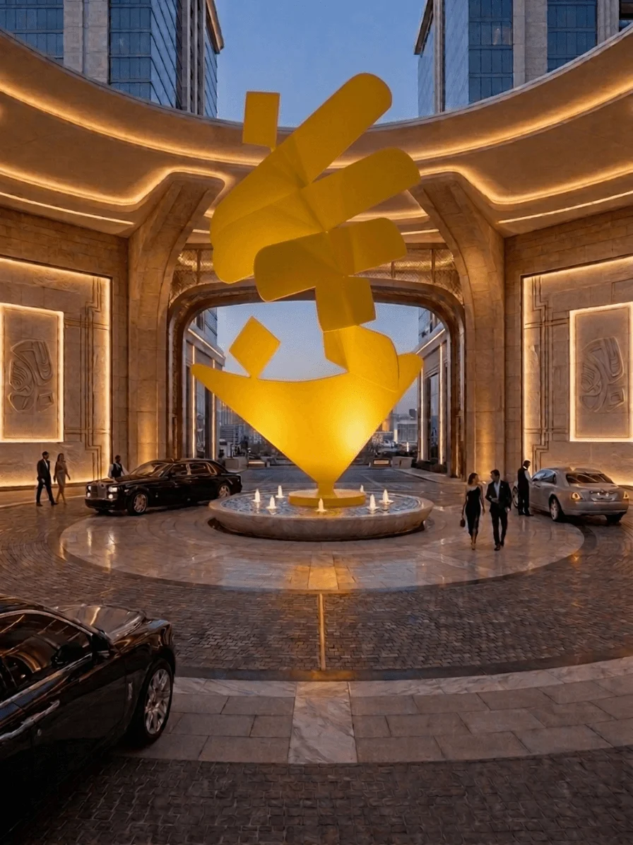 Monumental abstract yellow sculpture installed within a luxury hospitality arrival court, creating dramatic architectural presence, upscale destination placemaking, and iconic guest arrival experience by monumental sculptor Michael Herold.