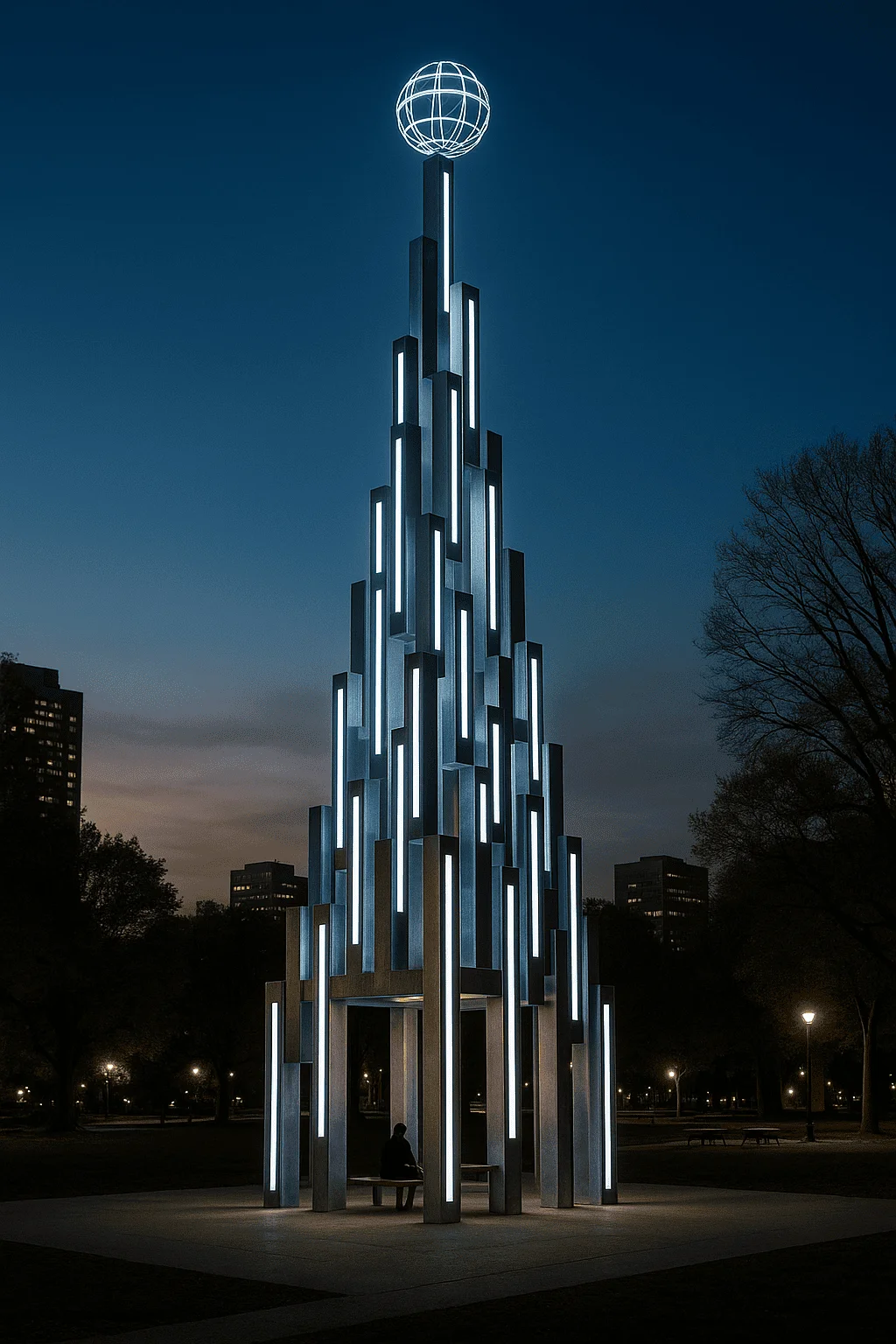 Large-scale stainless steel landmark sculpture designed to establish destination identity, pedestrian attraction, and architectural distinction within mixed-use developments and urban public environments.