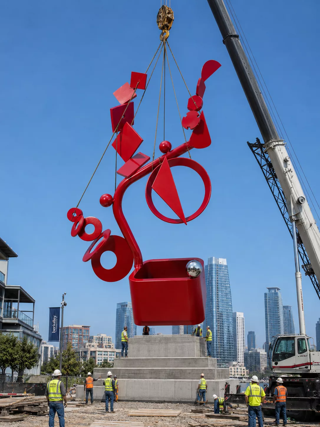 Monumental steel sculpture installation with crane lift and engineered foundation, illustrating large-scale public art, architectural sculpture, and fabrication capabilities by Michael Herold.