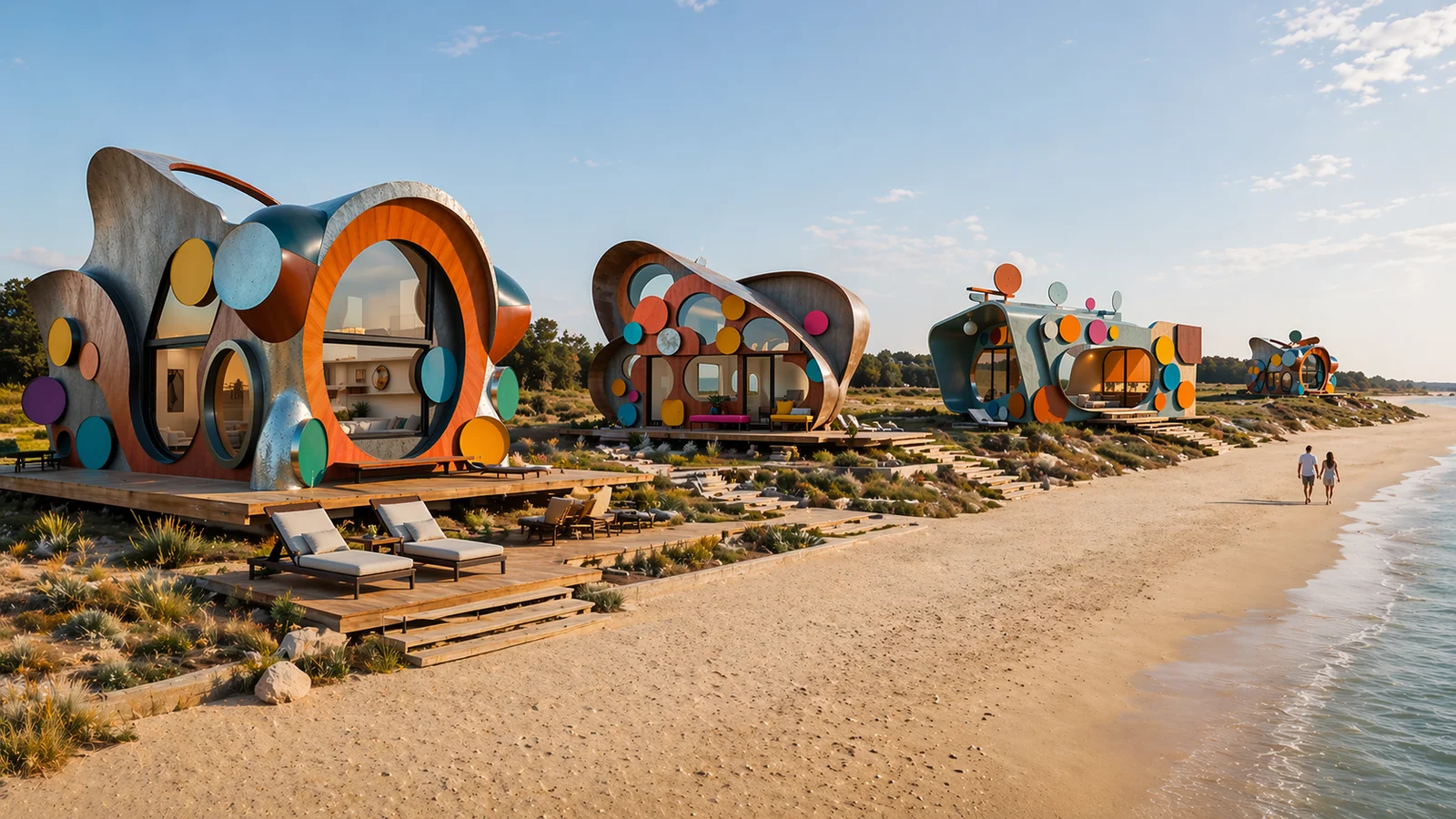Luxury beachfront hospitality compound featuring experiential architectural retreat units designed for destination travel, premium guest stays, and resort-style accommodations.