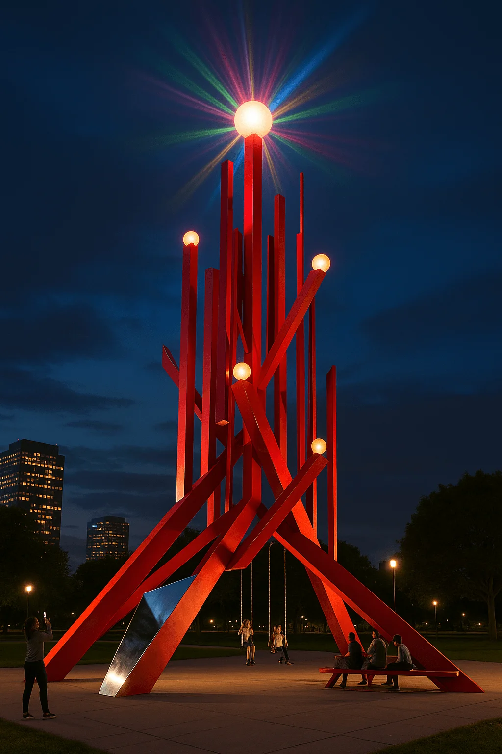 Large-scale stainless steel landmark sculpture designed to establish destination identity, pedestrian attraction, and architectural distinction within mixed-use developments and urban public environments.