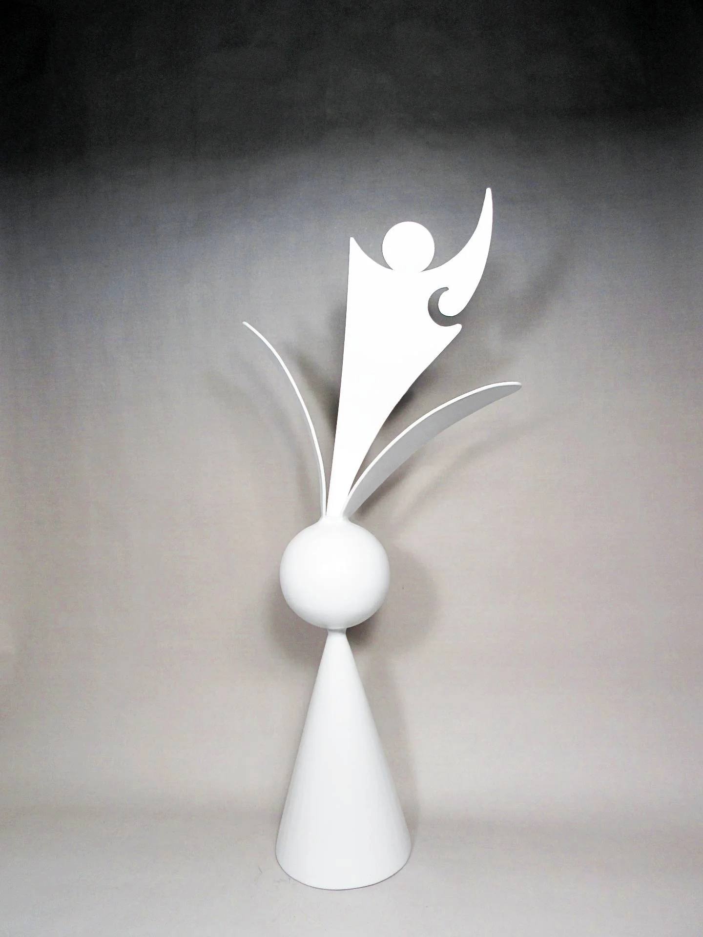 Cone Series sculpture by Michael Herold featuring an abstract vertical form with sweeping curves and directional movement above a sphere and cone foundation, designed for monumental public art, placemaking, hospitality environments, and architectural integration.