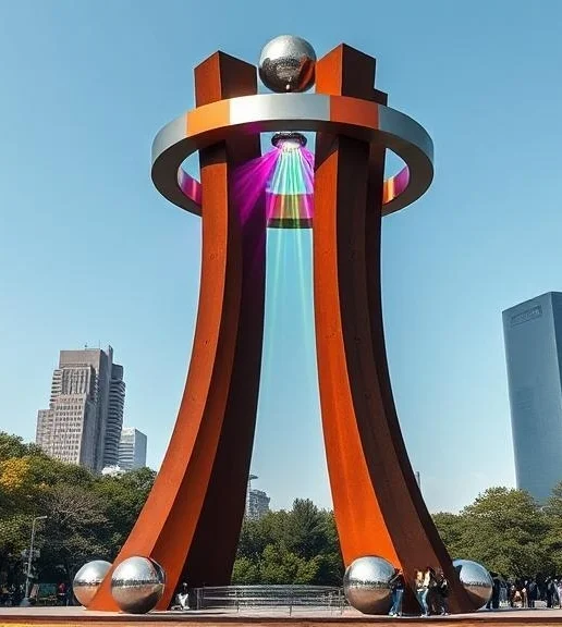 Large-scale stainless steel landmark sculpture designed to establish destination identity, pedestrian attraction, and architectural distinction within mixed-use developments and urban public environments.