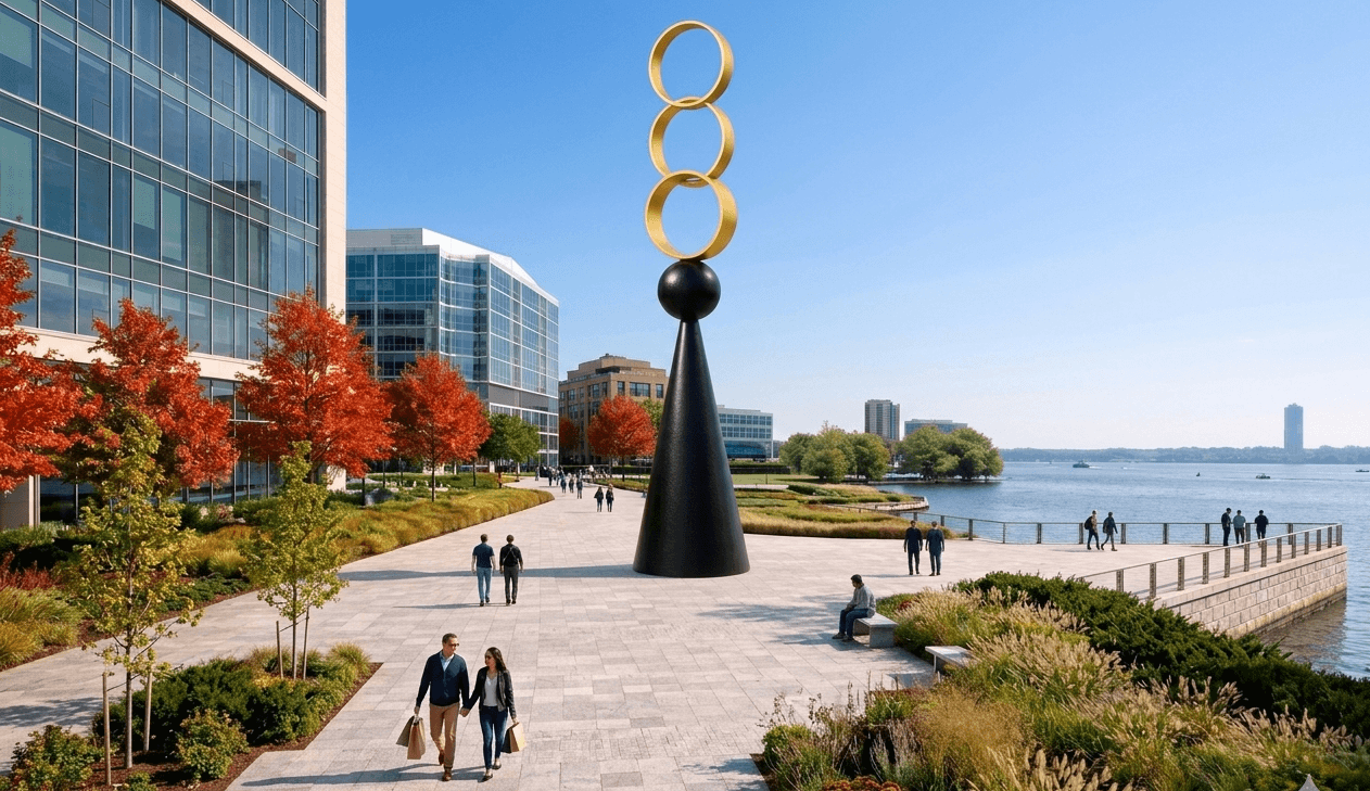 Monumental geometric ring sculpture installed along a contemporary waterfront corporate plaza, creating landmark identity, architectural presence, and destination placemaking within a pedestrian-focused urban environment by monumental sculptor Michael Herold.