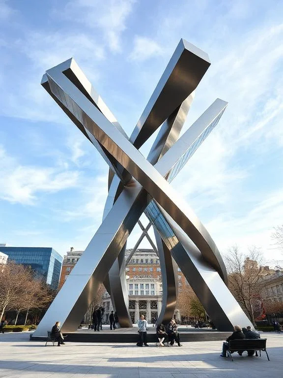 Large-scale stainless steel landmark sculpture designed to establish destination identity, pedestrian attraction, and architectural distinction within mixed-use developments and urban public environments.