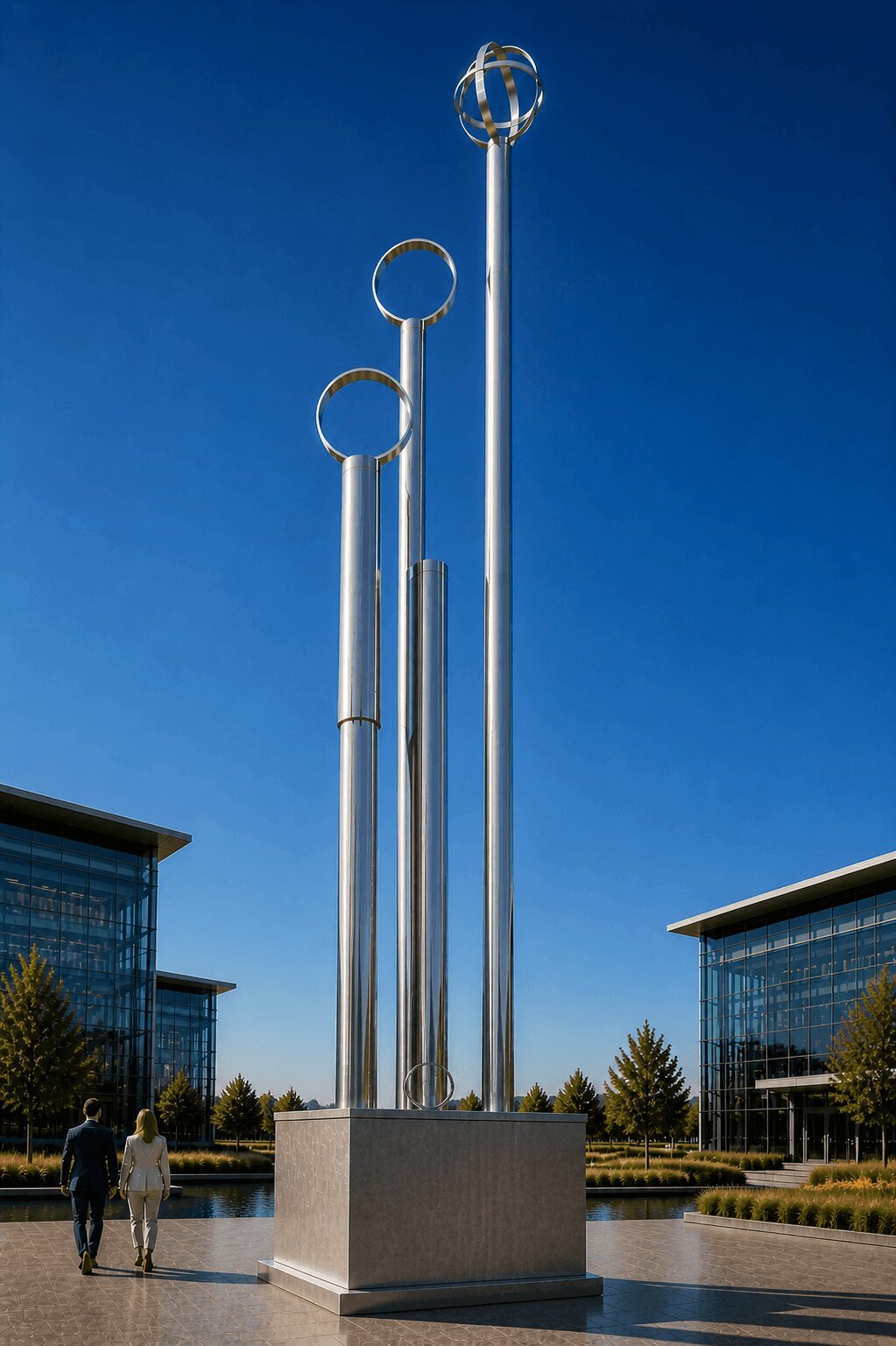 Orbital Rising large-scale stainless steel landmark sculpture by Michael Herold visualized within an executive campus and corporate development environment.