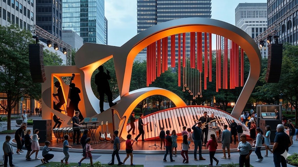 Large-scale interactive music stage sculpture in urban plaza with live performance, audience engagement, and architectural public art by Michael Herold.