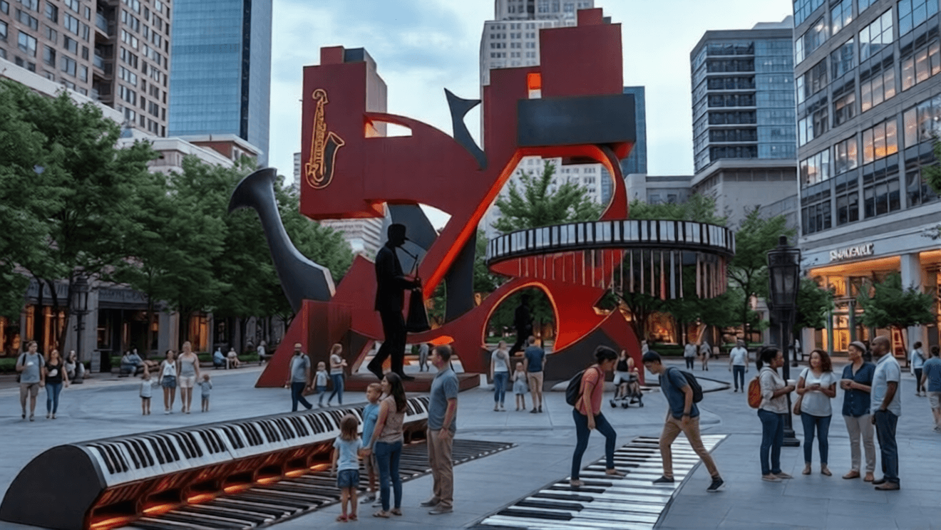 Large-scale interactive music sculpture concept in urban plaza with public engagement, performance elements, and architectural placemaking by Michael Herold.