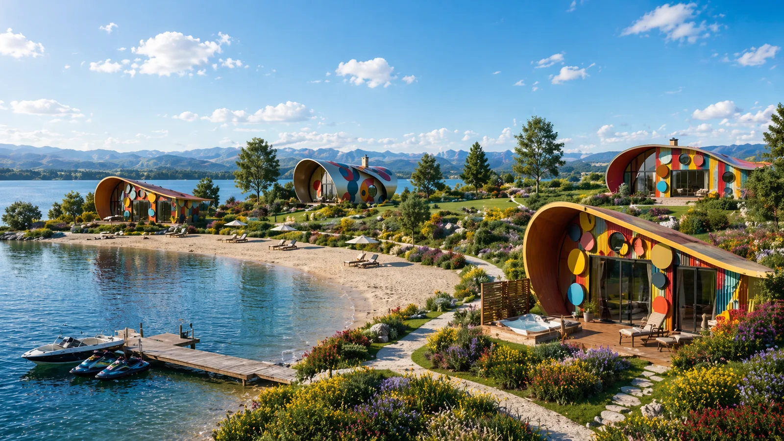 Sculptural luxury hospitality living units designed for premium lakeside retreat development, flexible resort deployment, and high-value experiential guest stays.