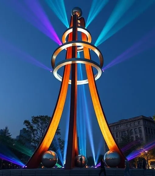 Large-scale stainless steel landmark sculpture designed to establish destination identity, pedestrian attraction, and architectural distinction within mixed-use developments and urban public environments.