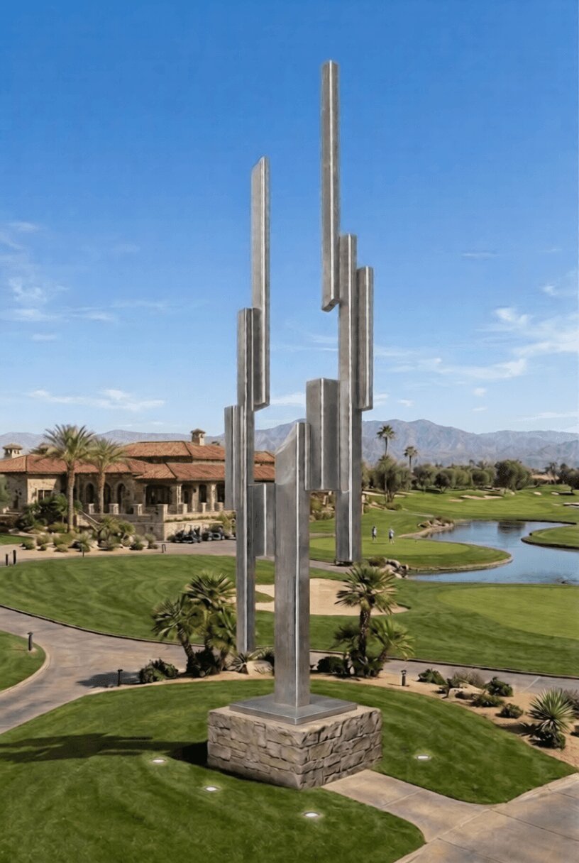 Skyward monumental stainless steel landmark sculpture by Michael Herold installed at a luxury golf club and resort entrance.