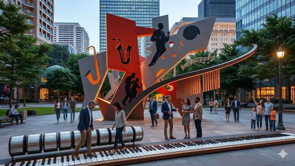 Large-scale interactive musical sculpture integrated into urban plaza with walkable piano elements and public engagement by Michael Herold.