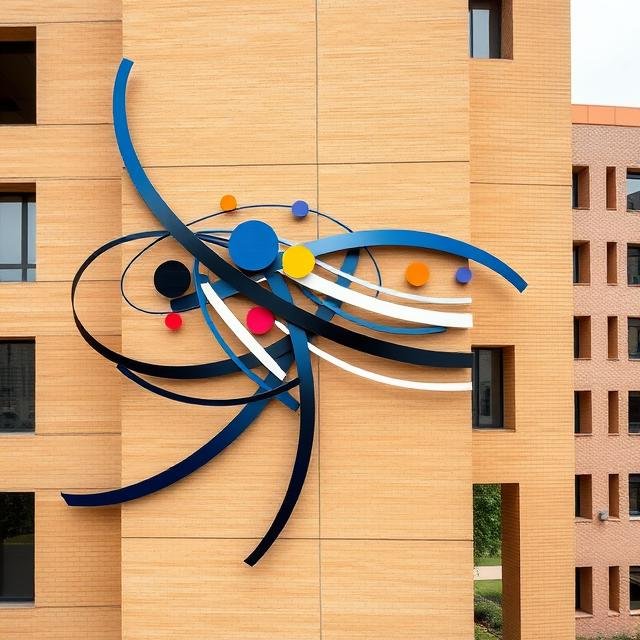 Contemporary facade-mounted sculpture featuring dynamic ribbon-like architectural forms and colorful geometric accents designed to enhance visitor experience and architectural distinction.