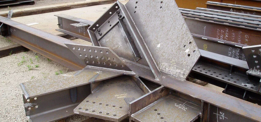 Structural steel engineering components featuring reinforced connection plates, welded assemblies, and industrial fabrication techniques used in monumental sculpture construction.