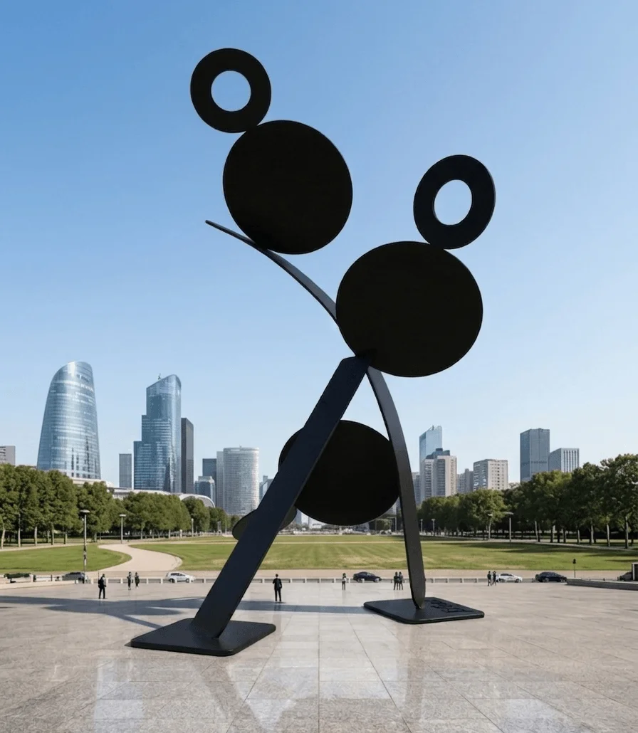 Large-scale geometric steel sculpture titled “Sweeping” creating landmark identity, pedestrian engagement, and destination placemaking within a contemporary urban development environment.